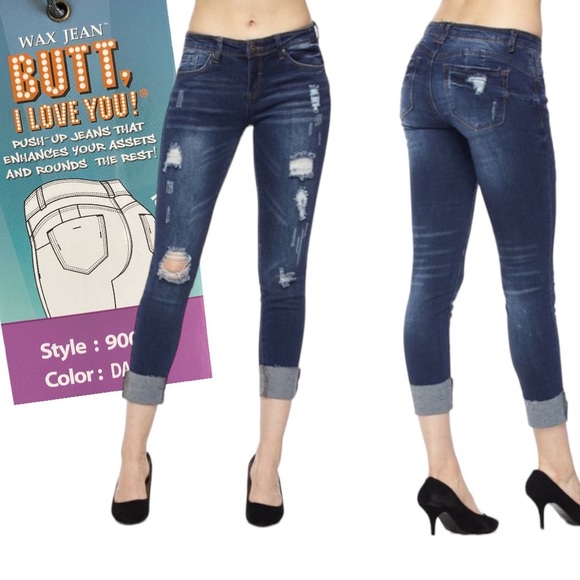 🔥BRAND NEW! Butt I Love You distressed dark wash cuffed jeans. Multiple sizes! - Picture 4 of 7